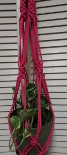Macrame Handcrafted Plant Hanger Pink 28 inches long, wrapped metal ring