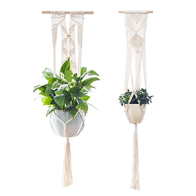 2PCS Macrame White Hanging Pots for Plants Hanger Planter Shelf Basket Wall