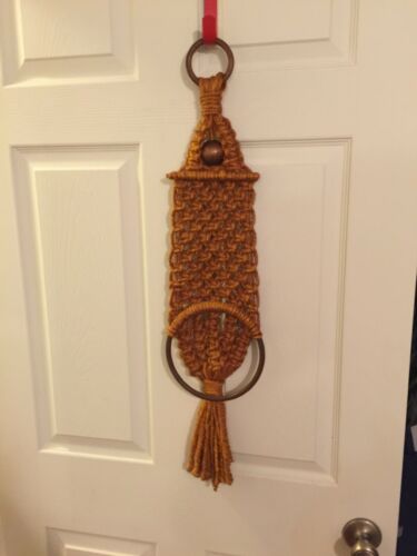 Vintage BoHo Hippie gold orange brown Macrame Hanger with beads