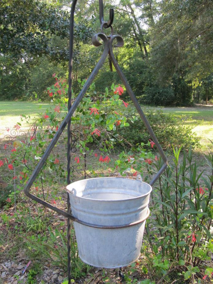 VINTAGE WROUGHT IRON HANGING POTTED PLANT HOLDER & GALVANIZED BUCKET