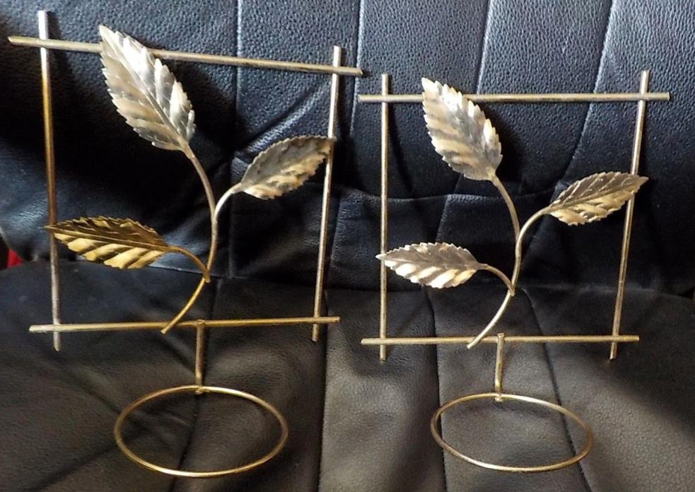 Pr Vintage Metal Planter Holder Wall Hanging Sconce leaf Candleholder Goldtone