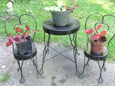 Small Size Ice Cream Parlor Set Black Metal Round Table 2 Chair Plant Stand Doll