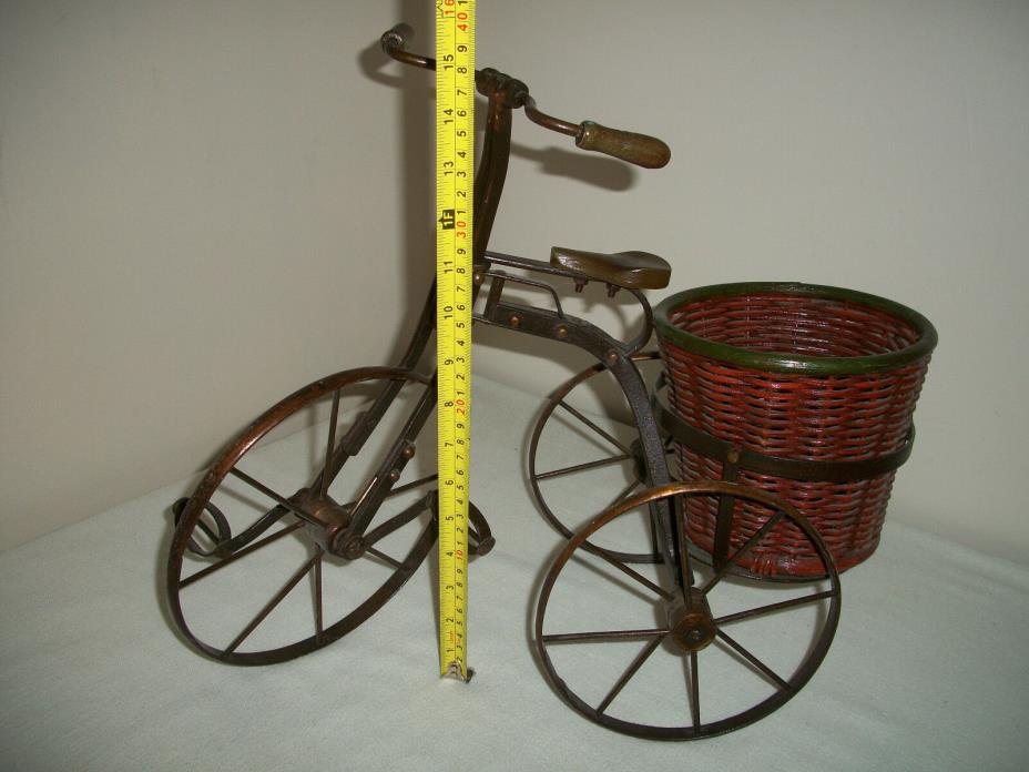 Vintage Metal Wood Tricycle Wicker Basket Planter w/Wood Seat, Handles, Wheels
