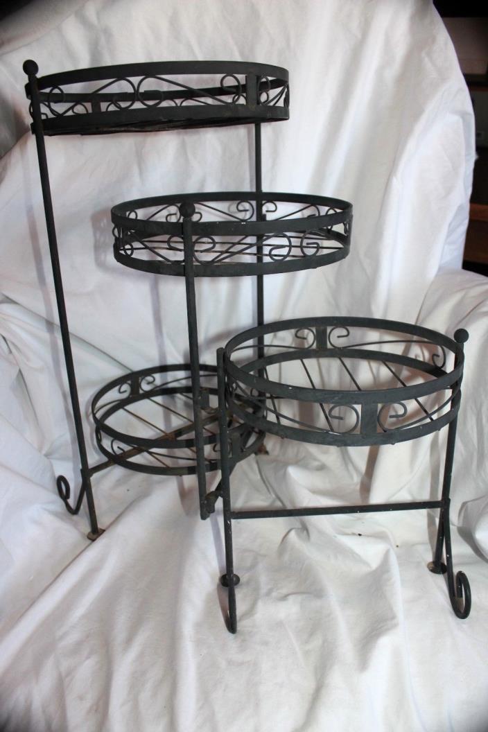 BLACK METAL ORNATE WROUGHT IRON 4 TIER ROTATING COLAPSE PLANT STAND RACK