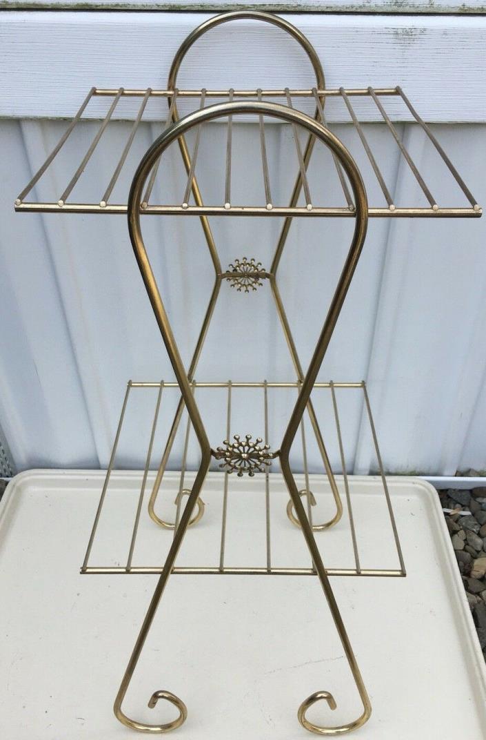 Vintage MCM Atomic Starburst 2 Tier Gold Metal Wire Plant Stand Shelf Rack