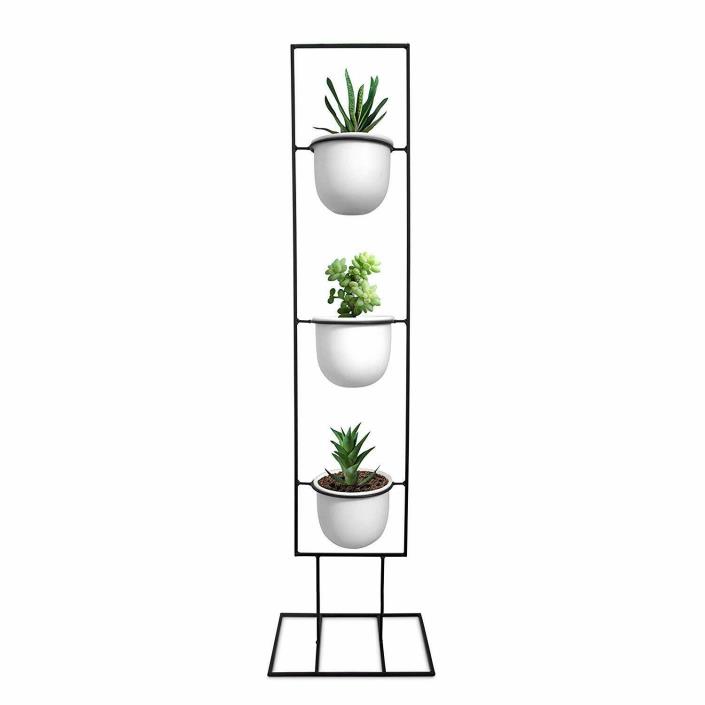 Indoor Metal Vertical Plant Stand with 3 White Ceramic Pots | Iron Flower Pot Ho