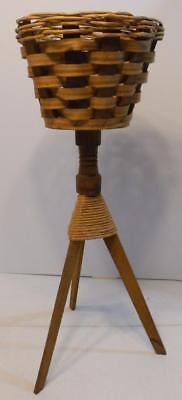 VINTAGE WOOD AND WICKER 3 LEGGED PLANT STAND PLANTER WOVEN BASKET