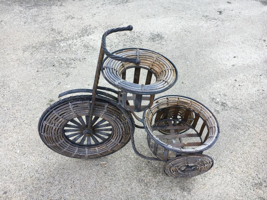 Vintage Metal & Wicker Tricycle Plant Stand Planter Garden Flowers