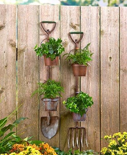 Rustic Garden Tools Planter Set 2 Flower Pots in each Shovel & Pitchfork Decor