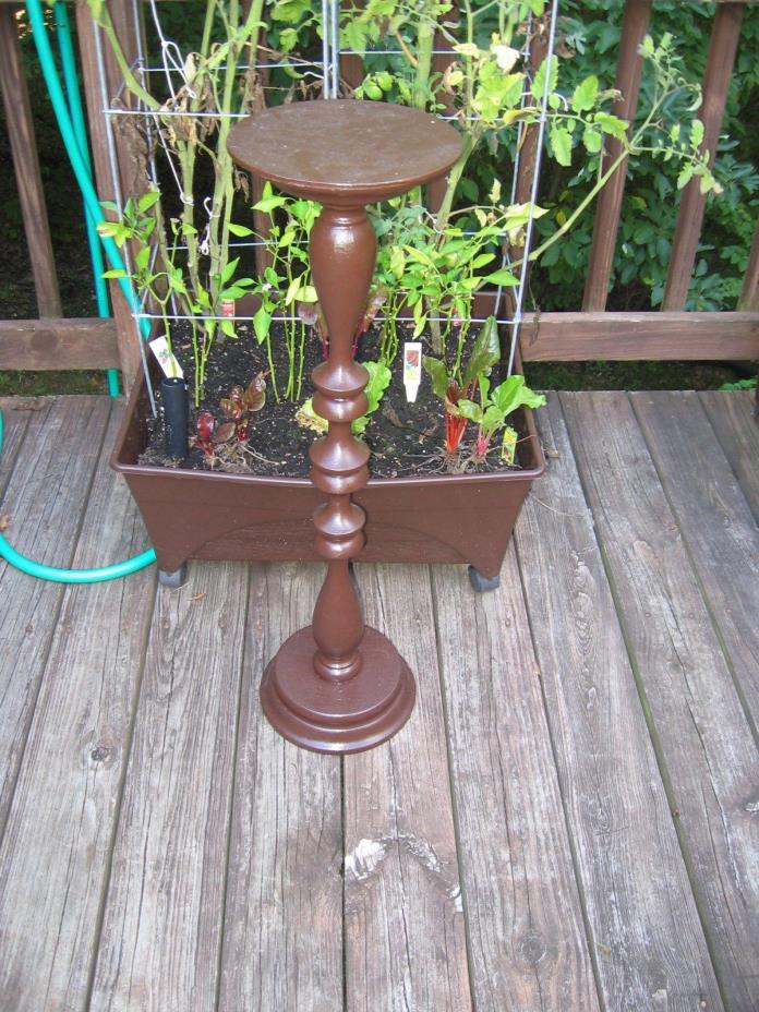 Vintage Plant Stand Turned Wood Painted Brown Round Top and Base 32