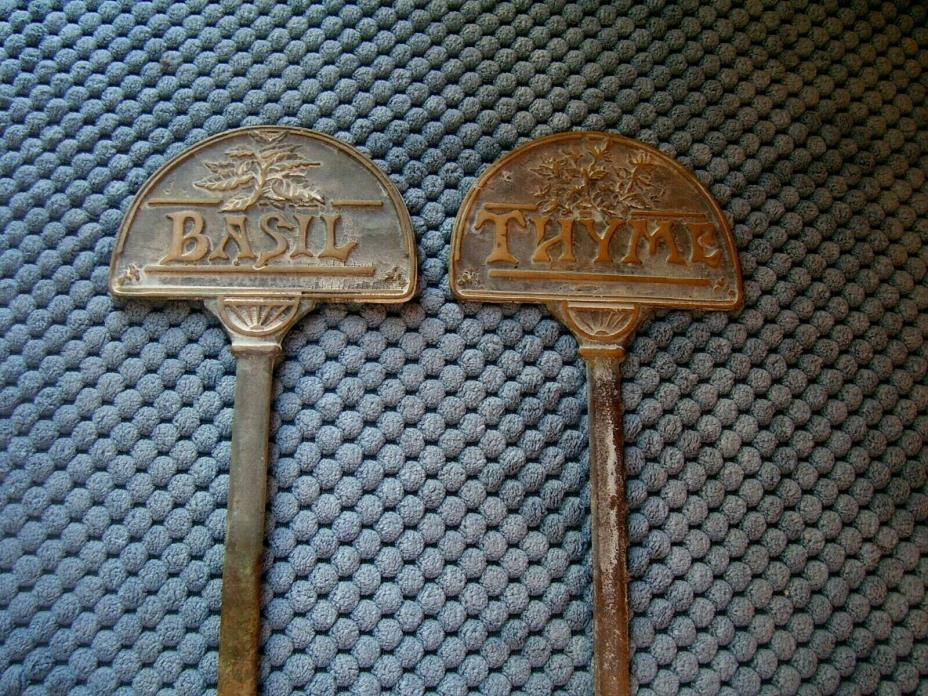 TWO 10 INCH BRASS HERB GARDEN STAKES-THYME-BASIL-REALLY NICE VINTAGE SHAPE