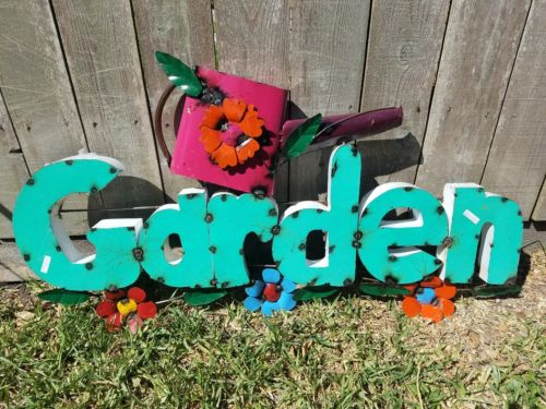 Colorful Metal Garden Flower Sign Recycled Junk Iron Yard Art Large