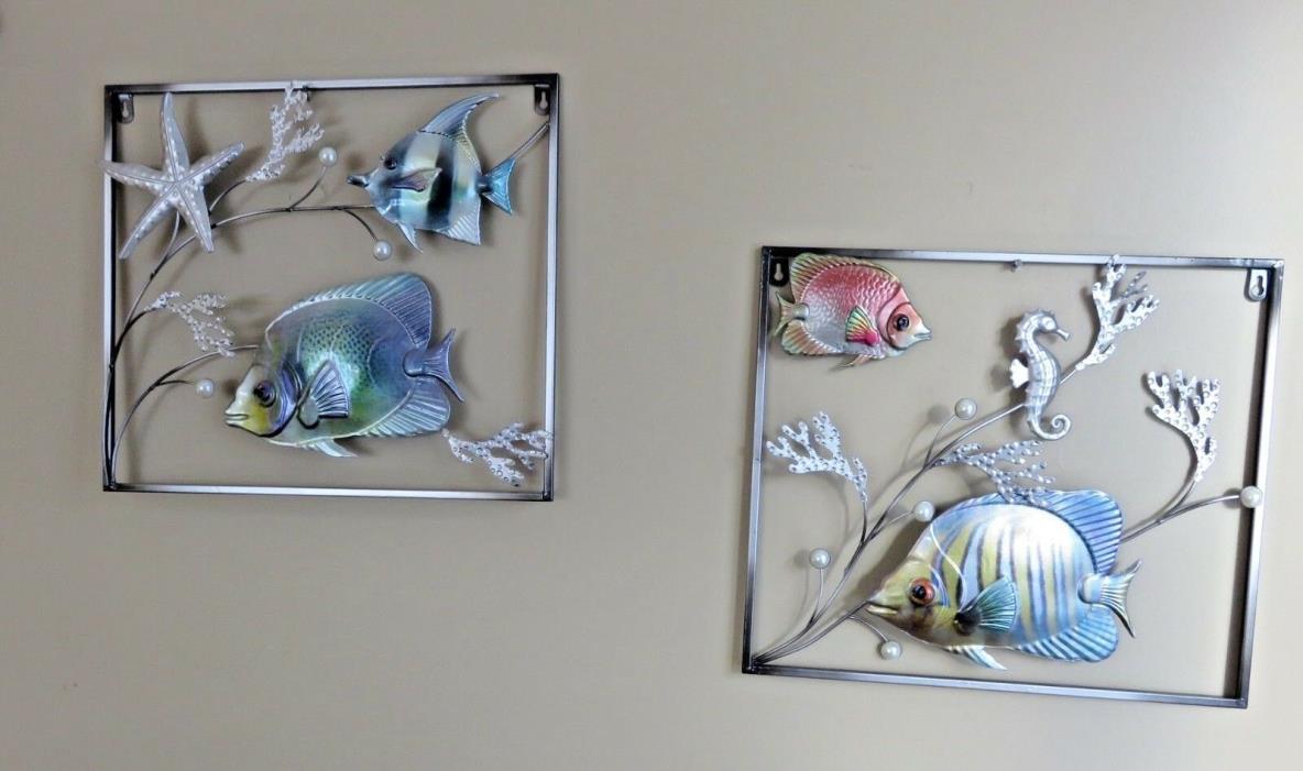 2 TROPICAL FISH DESIGN METAL PLAQUES NAUTICAL SEASIDE BEACH DECOR 16X15 IN. NEW