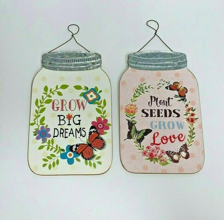 Mason Jar Shaped Wood Cut Out Signs Garden Love Butterfly Wall Plaques Set of 2