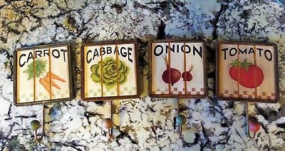 Wood Garden Vegetable Sign Hooks Tomato Onion Cabbage Carrot Lot of 4 Rustic