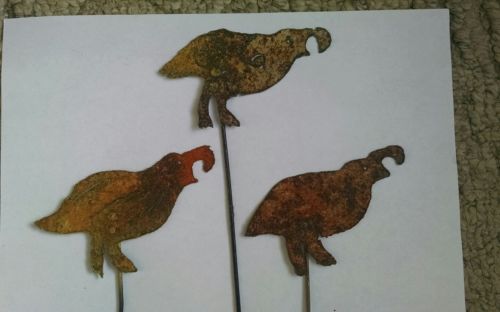 3 Rusty Quail Yard Garden Plant Stake Markers Handmade from Scrap Metal 4