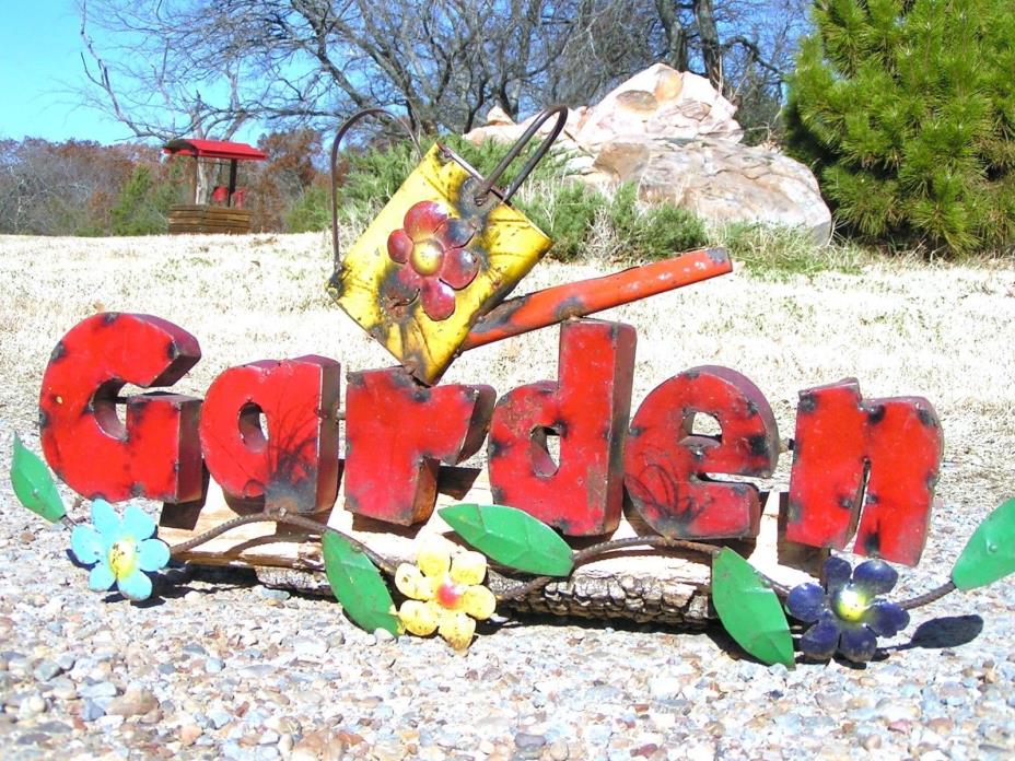 Whimsical metal Garden sign, watering can, flowers, junk iron art
