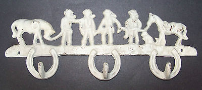Western Cast Iron Sign 3 Hooks Cowboys Horses Horseshoes Hook Wall Rack White