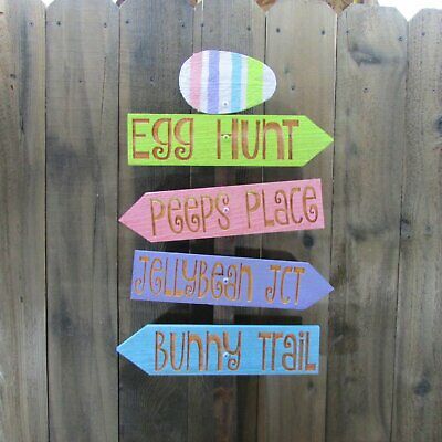 Easter Lawn Ornament Directional Sign Decoration - Carved Cedar Wood