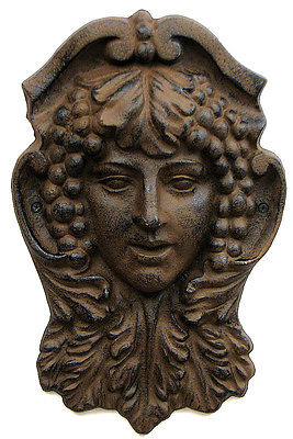 Large Woman  Goddess Face Plaque  Cast Iron Wall Hanging Old World Garden Decor