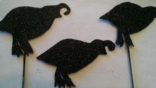 3 Quail Black Sparkle Yard Garden Plant Stake Markers Handmade from Scrap Metal
