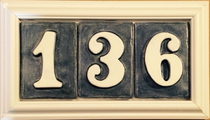 House number plaque outdoor address. Weatherproof - handmade tiles. Applewood