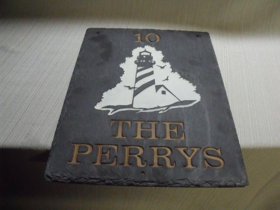 Custom Made  'The Perrys' Numeral 10 Nautical Scene Engaved Painted  Slate