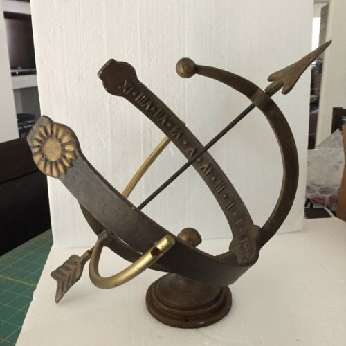 Vintage Antique Gold Rome Iron Armillary Sundial Adjustable 12” Tall 17” Arrow