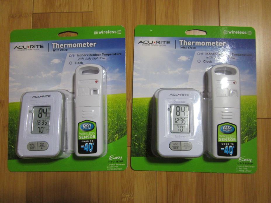 new LOT of 2 Acurite indoor / outdoor wireless thermometer with clock *F/*C