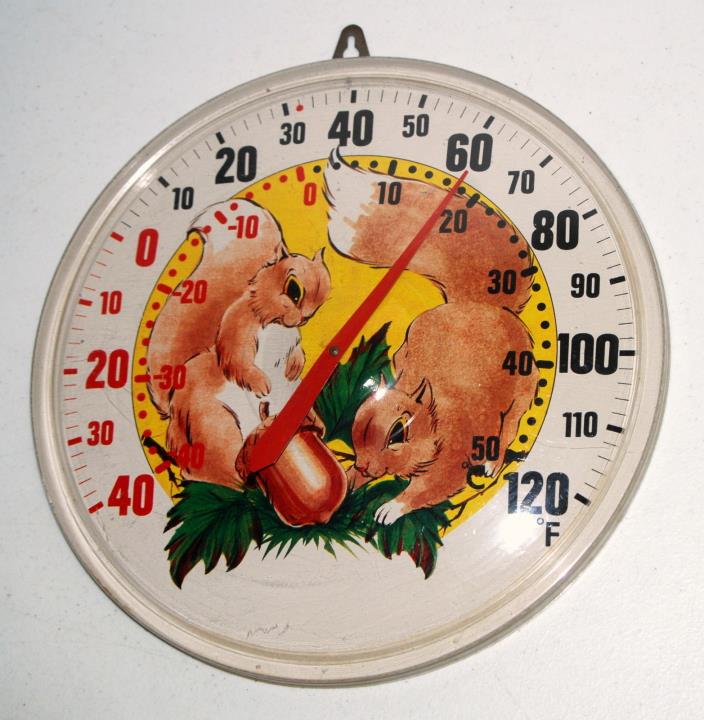 Vintage Thermometer Plastic Bubble Large Round Garden Squirrels Colorful