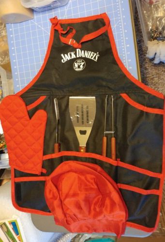 Jack Daniel's Theme Apron Hat Oven Mitt BBQ Grill Tools Spatula Tongs Fork Set
