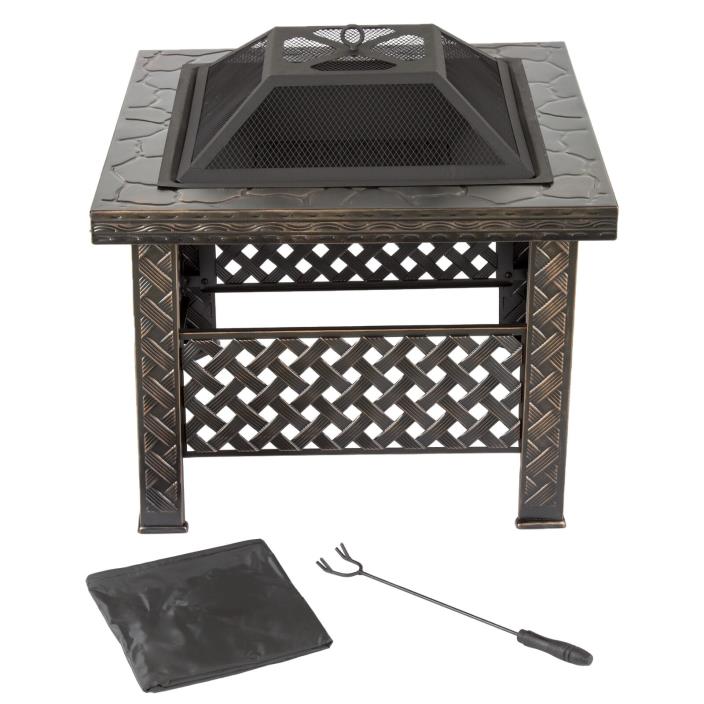 Square Woven Metal FirePit With Cover Log Poker Bronze Wood Burner Free Shipping