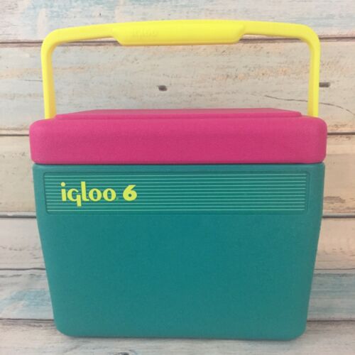 Vintage Neon IGLOO 6 Cooler 6-Pack Retro Lunchbox Teal Pink 1990s 90s Lid Handle