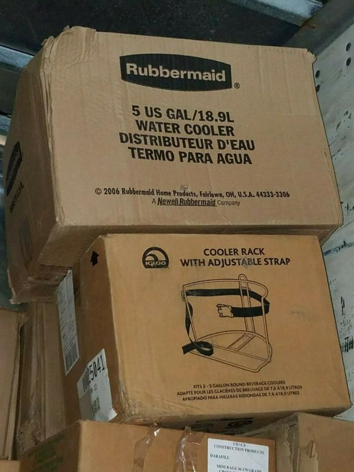 UNUSED Rubbermaid 5 gallon cooler WITH Igloo Cooler Rack Adjustable Strap
