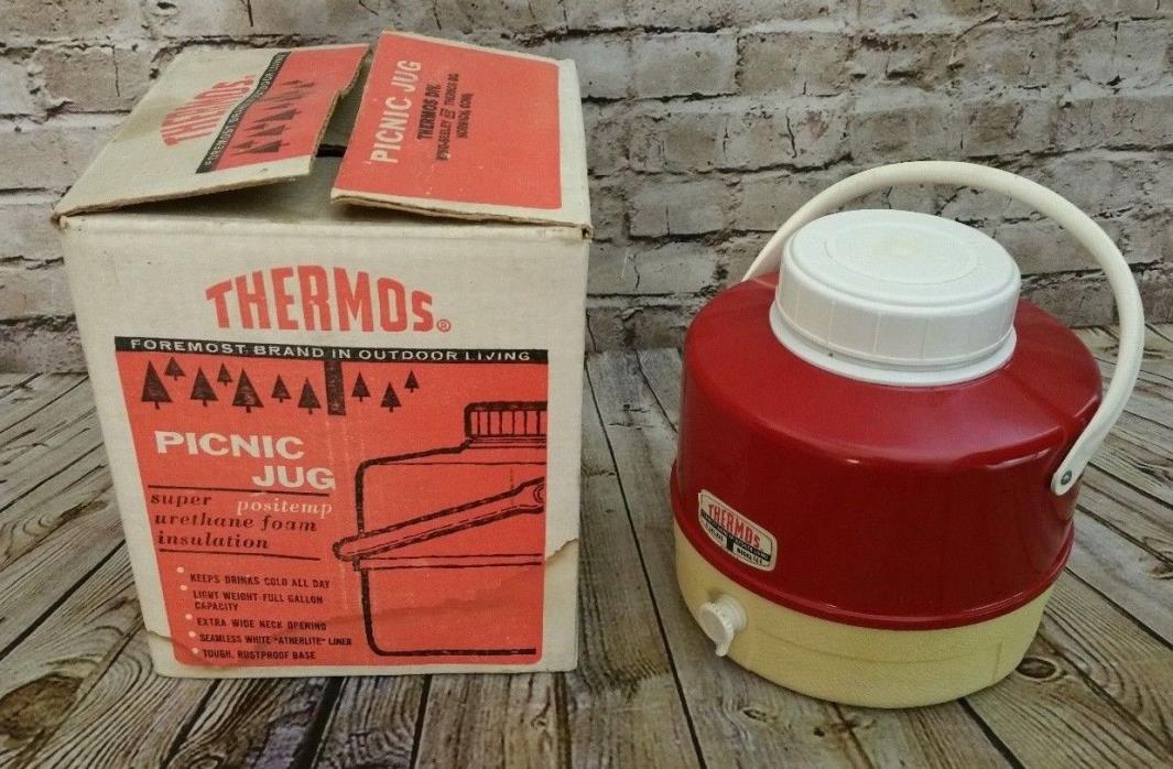 Vintage Red Thermos Insulated Picnic Jug Drink Dispenser Water Cooler In Box