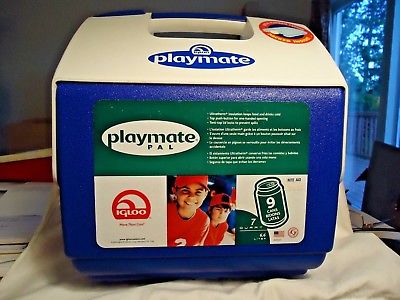 NEW 2003 Blue/White Igloo Playmate Pal 7 qt Cooler Top push-button with canteen