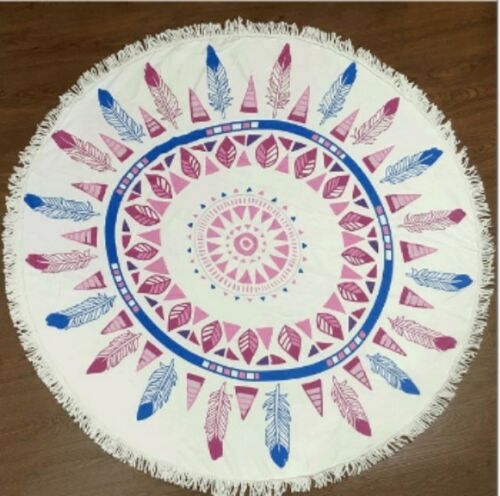 Large Round Microfiber Beach Towel Blanket Tassels Pink & Blue Feather Print