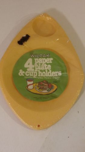 Vintage SET OF 4 YELLOW WILPAK PLASTIC PAPER PLATE CUP HOLDER NIP 1970