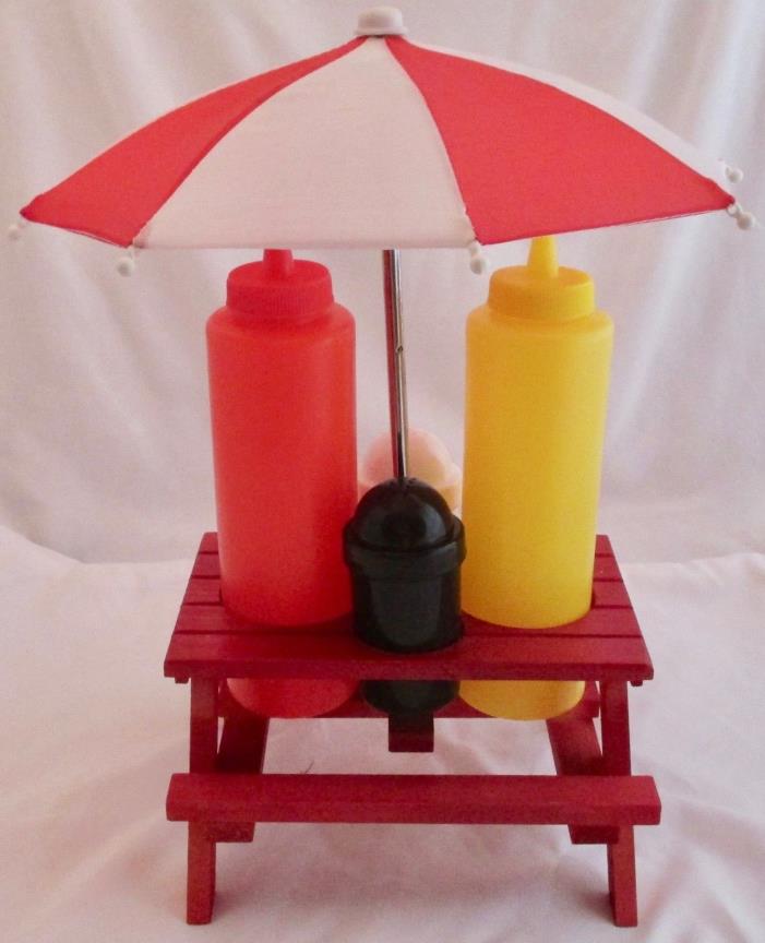 Picnic Table Condiment Set Salt Pepper Shakers Ketchup Mustard Bottles Umbrella