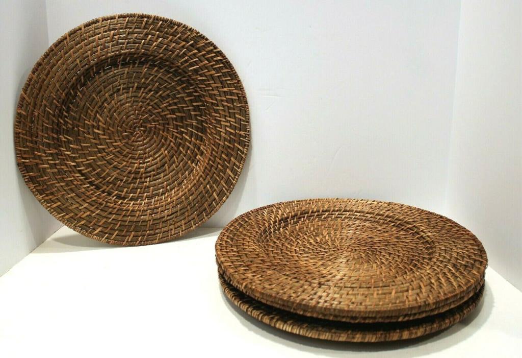 Nice Set of 4 Brown Woven Rattan Wicker Round Dinner Plate Chargers Holders