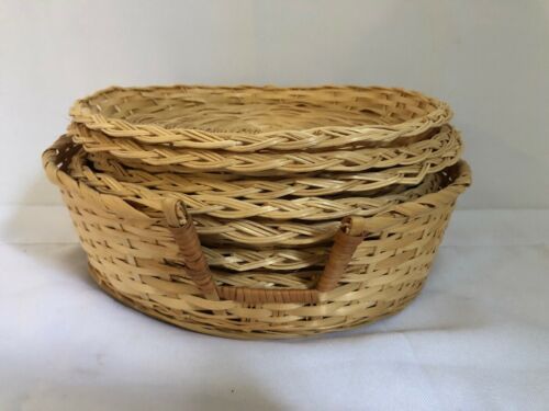 8 Wicker Rattan Bamboo Woven Paper Plate Holders w/ Caddy Picnics Party Camping