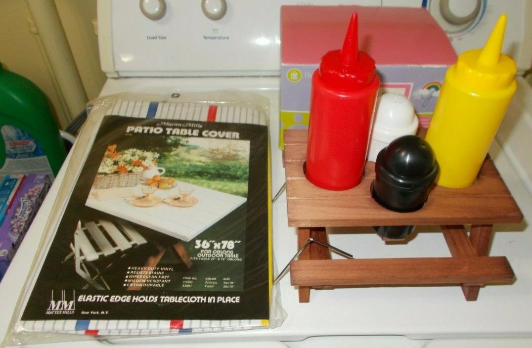 PICNIC CONDIMENT SET PLUS PATIO TABLECLOTH ELASTIC EDGE 36