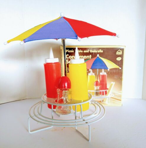 vintage Hoan brand 6 piece picnic table and umbrella condiment set retro decor