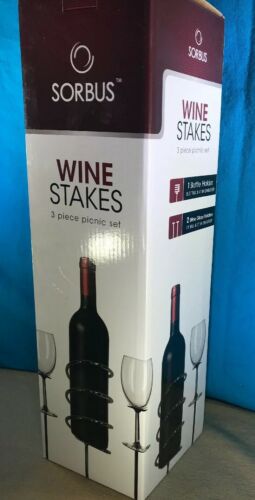 Sorbus Wine Stakes 3 Piece Picnic Set Bottle Holder Two Wine Glass Holders New