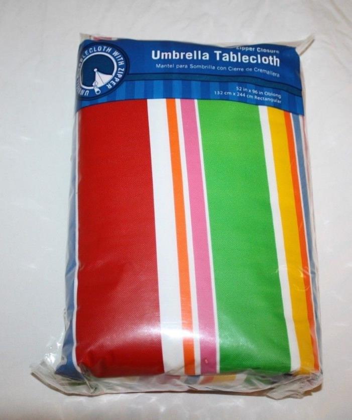 MULTI STRIPE Umbrella Hole Vinyl Tablecloth Zipper Oblong Patio Table 52