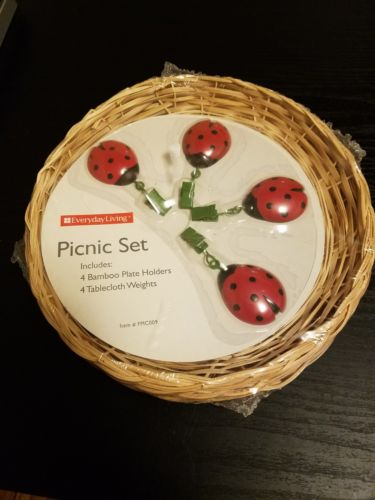 4 Bamboo Plate Holders Camping Cookout Picnic BBQ & Ladybug Tablecloth Weights