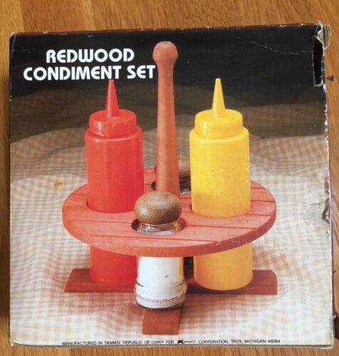 Vintage Redwood ROUND Picnic Table Condiment Set S & P Ketchup Mustard NEW Box