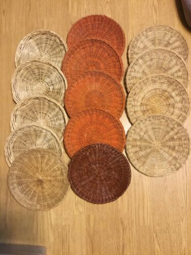 Vintage Wicker Rattan Paper Plate Holders set of 14 Red Brown & Tan