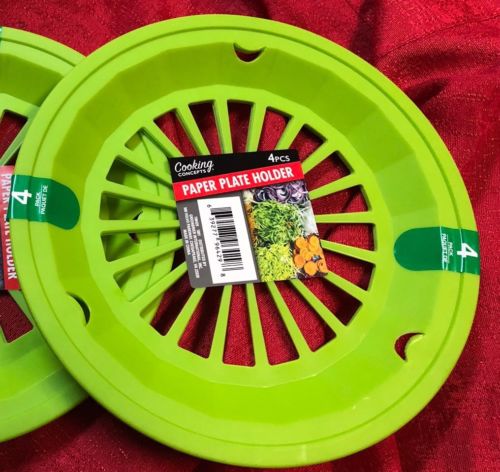 4 pc Green Paper Plate Holders - Rigid Plastic & Washable Picnic BBQ Cookout