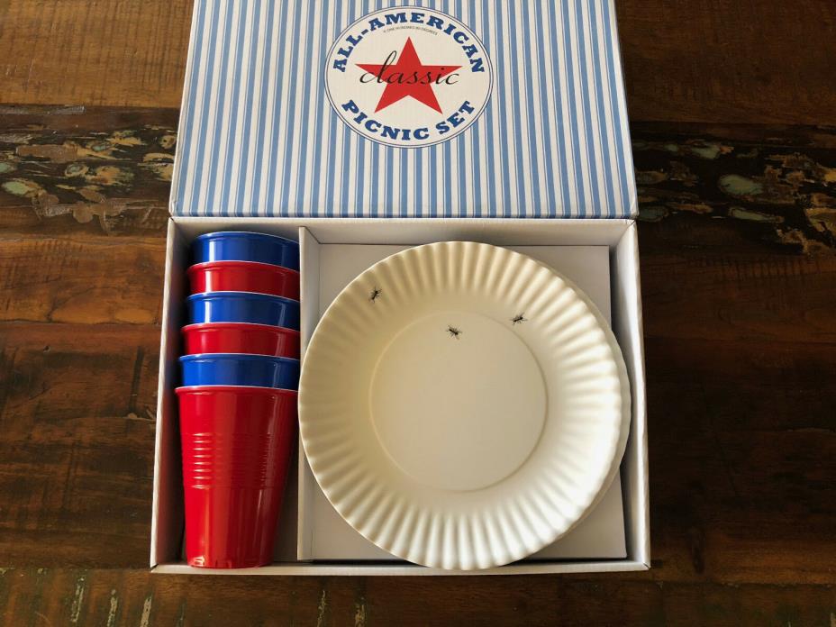 All American Picnic Set of 6  Melamine Paper Plates w/Ants and Melamine Solo Cup